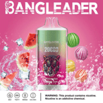 Vape desechable Bangleader Watermelon Bubble Gum con 20,000 inhalaciones, que presenta una ilustración de un tigre, rodeada de rodajas de sandía, bolas de chicle de colores y cubitos de hielo sobre un fondo rosa; advertencia de nicotina e íconos de producto que se muestran a continuación.