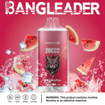 Dispositivo de vapeo Bangleader Watermelon Ice con un gráfico de tigre, rodeado de rodajas de sandía y cubitos de hielo sobre un fondo rosa, con especificaciones del producto y una advertencia de nicotina en la parte inferior.