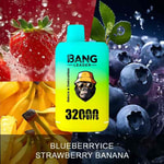 Disposable vape device labeled 'BANG LEADER 32,000 PUFFS' with blueberry, strawberry, and banana flavors, surrounded by fresh blueberries, strawberries, and bananas.