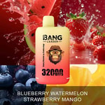 Colorful vape device labeled 'BANG LEADER 3200 PUFFS' with a background collage of splashing watermelon, strawberries, blueberries, and mango pieces highlighting the flavors blueberry, watermelon, strawberry, and mango.