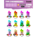 Display of various Bang Leader disposable vape flavors and devices with fruit images, colorful packaging, and product specifications highlighting 32,000 puffs, type C rechargeability, and dual pods.