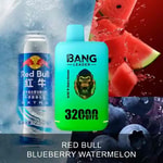 Bang Leader 32000 puffs vape with gorilla logo in front of a Red Bull can, watermelon slices, and blueberries on an icy background, labeled 'Red Bull Blueberry Watermelon'.