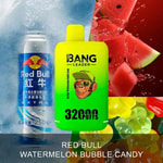 A vibrant promotional graphic featuring a Red Bull energy drink can, a bright green disposable vape labeled 'Bang Leader 32000 PUFFS,' slices of fresh watermelon, and colorful gummy candies, with the text 'Red Bull Watermelon Bubble Candy' at the bottom.