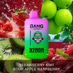 Bang Leader disposable vape with a pink and green gradient design, featuring illustrations of strawberries, green apples, kiwis, and raspberries in the background and the flavor label 'Strawberry Kiwi Sour Apple Raspberry.'