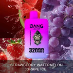 Bang Leader disposable vape with a gorilla logo displayed in front of splashing strawberries, watermelon, and grapes, promoting the flavor Strawberry Watermelon Grape Ice and 3200 puffs.