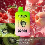 A brightly colored vape device labeled 'Bang Leader 32000 Puffs' with flavor text 'Strawberry Kiwi Peach Ice,' shown surrounded by images of fresh strawberries, kiwis, and peaches with splashing water for a refreshing look.