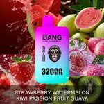 Colorful disposable vape device labeled 'BANG Leader' with 3200 puffs, surrounded by images of strawberries, watermelon, kiwi, passion fruit, and guava, representing the listed flavors.