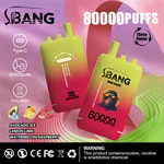 Promotional image for SBANG disposable vape devices featuring two colorful vapes, flavor icons for avocado ice, lemon lime, and watermelon raspberry, and product highlights such as 80,000 puffs, Type-C charging, dual mesh technology, and nicotine warning.