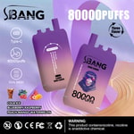 Promotional graphic for SBANG disposable vape devices, showing two purple gradient vapes with features like 80,000 puffs, USB Type-C charging, triple flavor options including cola ice, blueberry raspberry, and peach mango watermelon, surrounded by related fruit images and a nicotine warning label.
