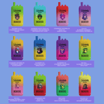 Twelve colorful Bang disposable vape devices, each labeled with different flavors and a cartoon character, arranged in three rows on a blue background; flavor names such as watermelon ice, raspberry mojito, blueberry watermelon, and red bull are listed beneath each device.