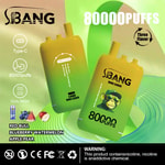 Advertisement for SBANG Bang Leader disposable vape devices featuring 80,000 puffs, three flavors (Red Bull, blueberry watermelon, apple pear), Type-C charging, and a warning about nicotine content.
