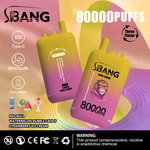 Advertisement for SBANG Bang Leader vape device featuring two gradient yellow and pink vapes, highlights such as 80,000 puffs, three flavors (Red Bull, Watermelon Bubble Candy, Strawberry Ice Cream), Type-C charging, dual mesh, and a nicotine warning on a colorful abstract background.