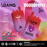 Promotional image for SBANG disposable vape, featuring two red and purple gradient devices labeled 'Bang Leader' with 80,000 puffs, highlighting triple flavor (strawberry watermelon, grape ice, and rainbow candy), Type-C charging, dual mesh, and a health warning about nicotine.
