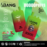 Colorful promotional image for SBANG Bang Leader vape featuring two devices, info about 80,000 puffs, Type-C charging, dual mesh, three flavors (strawberry kiwi, peach ice, cherry cola), and a nicotine warning at the bottom.