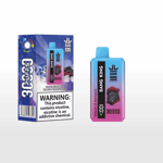 Bang King disposable vape device and packaging in a blue-to-pink gradient design, featuring a bulldog illustration, product branding, and a nicotine addiction warning; flavor indicated as Blueberry Ice and Black Dragon Ice with images of blueberries and black fruits.