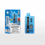 Blue Bang King disposable vape device and packaging labeled 'Blueberry Raspberry Mixed Mouldy Fruit,' featuring fruit illustrations and a warning about nicotine addiction.