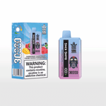 Bang King vape packaging and device featuring blueberry, raspberry, peach, mango, and watermelon flavors, with a large warning about nicotine addiction and a gorilla wearing aviator goggles illustration on the device.
