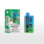 Bang King disposable vape package and device in blue and green, featuring the flavors Red Bull, Blueberry, and Watermelon, a cartoon monkey logo, and a nicotine warning label.