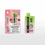 Bang King disposable vape device and packaging labeled 'Strawberry Kiwi Peach Ice' with a cartoon monkey logo, colorful green and pink gradient design, and a nicotine addiction warning.