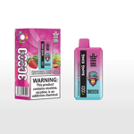 Bang King branded vape packaging and device in pink and blue gradient with a monkey wearing headphones, featuring a warning label about nicotine and images of various fruits including strawberry, watermelon, kiwi, and guava.