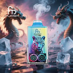 Colorful FUMOT vape device with a leopard illustration, digital display, and smoke rising, surrounded by floating ice and two fierce dragons in a dramatic fantasy setting.