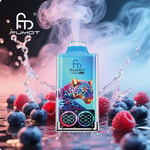 Colorful vape device with a leopard graphic and digital display, emitting vapor, surrounded by splashing water, blueberries, and raspberries, with the FUMOT logo in the background.