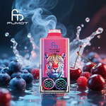 Colorful Fumot vape device featuring a leopard illustration, surrounded by blueberries, cherries, and splashes of water with digital screens at the bottom.