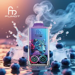 FUMOT branded vape device with a leopard illustration, digital display, surrounded by blueberries and ice cubes with vapor and splashes in the background.
