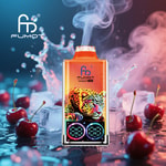 Colorful Fumot Leopard 40K vape device with a digital display and leopard illustration, surrounded by cherries, ice cubes, and swirling vapor.