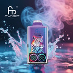 Colorful FUMOT vape device with a leopard illustration and LED display, set against a background of swirling vapor and splashing water.