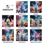 Grid of colorful Movkin vape flavors, each device surrounded by corresponding fruits or imagery such as blueberries, peaches, pink lemonade, strawberries, watermelons, pineapples, a dragon with ice cubes, and a mix of berries, with vapor rising from each device.