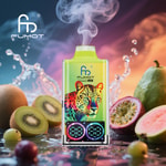 Colorful Fumot vape device with a leopard illustration, emitting vapor, surrounded by fresh tropical fruits like kiwi, guava, and passionfruit with splashing water droplets, set against a vibrant background.