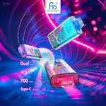 FUMOT branded colorful electronic vape devices with animal designs floating in a neon tunnel, highlighting features such as dual mesh core, 40,000 puffs, 700 mAh battery, and Type-C charging.