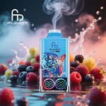 Colorful Fumot Leopard 40K vape device with a leopard design, emitting vapor, surrounded by assorted fresh berries and splashes of water.