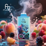 Colorful Fumot Leopard 40K vape device emitting vapor, featuring a leopard illustration, surrounded by splashing water and assorted fresh fruits like peaches, blackberries, and raspberries.