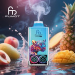 Colorful FUMOT Leopard 4UK vape device with a digital display and a leopard graphic, surrounded by splashing water, pineapple, peach, and mango slices on a vibrant background.
