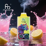 FUMOT Leopard 40K vape device with a colorful leopard design, emitting vapor, placed among splashing pink drinks and lemon slices on a reflective surface.