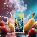 Colorful FUMOT Leopard 40K vape device emitting vapor, surrounded by bananas and strawberries on a glossy surface with a vibrant backdrop.