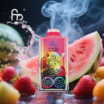 Electronic vape device with a colorful leopard design, surrounded by fresh watermelon slices, strawberries, and splashes of water vapor, featuring a digital display and branding for Fumot.
