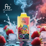 Colorful FUMOT vaping device with a digital display and a vivid leopard illustration, surrounded by strawberries and ice cubes with vapor rising from the top.