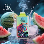 Colorful FUMOT Leopard 40K vape device with a digital display and a vibrant leopard illustration, surrounded by ice cubes and sliced watermelon, emitting vapor in a dynamic splash setting.