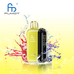 Gelbes elektronisches Vape-Gerät Fumot Tornado 20000 mit digitaler Bildschirmanzeige, umgeben von bunten Wasserspritzeffekten auf gelbem Hintergrund mit Farbverlauf und Fumot-Logo oben links.