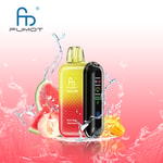 Farbenfrohes Fumot Tornado 20000 Einweg-Vape-Gerät mit digitalem Bildschirm, umgeben von Wasserspritzern, Wassermelonen-, Pfirsich- und Mangoscheiben auf einem rosa Hintergrund mit Farbverlauf.