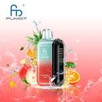Buntes elektronisches Vape-Gerät mit der Aufschrift 'Peach Pineapple Orange' mit Spritzeffekten und frischen Pfirsich-, Ananas- und Orangenfrüchten, vor einem Hintergrund mit Farbverlauf und dem FUMOT-Logo darüber.