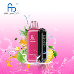 Pinker Fumot Tornado 20000 Einweg-Vaporizer mit Digitalanzeige, umgeben von Spritzwasser, Zitrone, grünem Apfel, Ananas und Fruchtscheiben auf rosa Hintergrund.