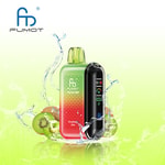 Buntes FUMOT-Vape-Gerät mit Digitalanzeige, umgeben von Spritzwasser und Kiwi- und Erdbeerscheiben, vor einem grünen Hintergrund mit Farbverlauf.