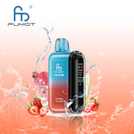 Verdampfergerät der Marke Fumot in Blau und Schwarz mit elektronischem Display, umgeben von spritzendem Wasser, Erdbeeren und Eis auf einem Hintergrund mit rosa Farbverlauf.