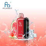 Rotes Fumot Tornado 20000-Vape-Gerät mit Digitalanzeige, umgeben von Spritzwasser, Wassermelonenscheiben und Eiswürfeln, vor einem rosa Hintergrund mit Farbverlauf und dem Fumot-Logo oben.