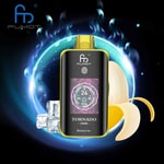 Fumot Tornado 25000 Banana Ice vape device with a digital display, shown with ice cubes and a peeled banana against a glowing, futuristic background.