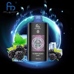 Fumot branded vaping device labeled Tornado 25000 Black Ice, surrounded by blackberries, mint leaves, ice cubes, and a glowing blue circular energy effect.